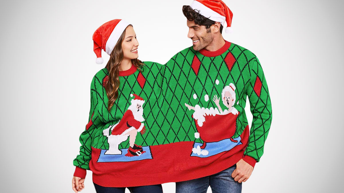 Ugly Christmas Duo Sweaters Santas Toilet Surprise