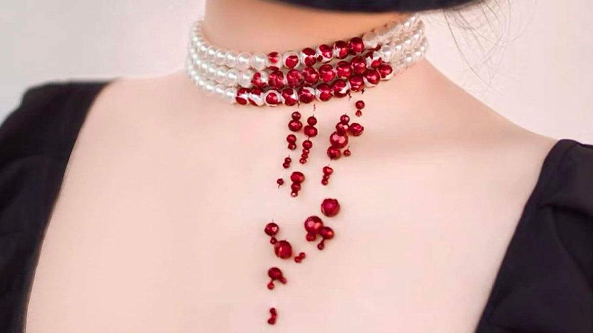 Dripping Crimson Pearl Choker Necklace