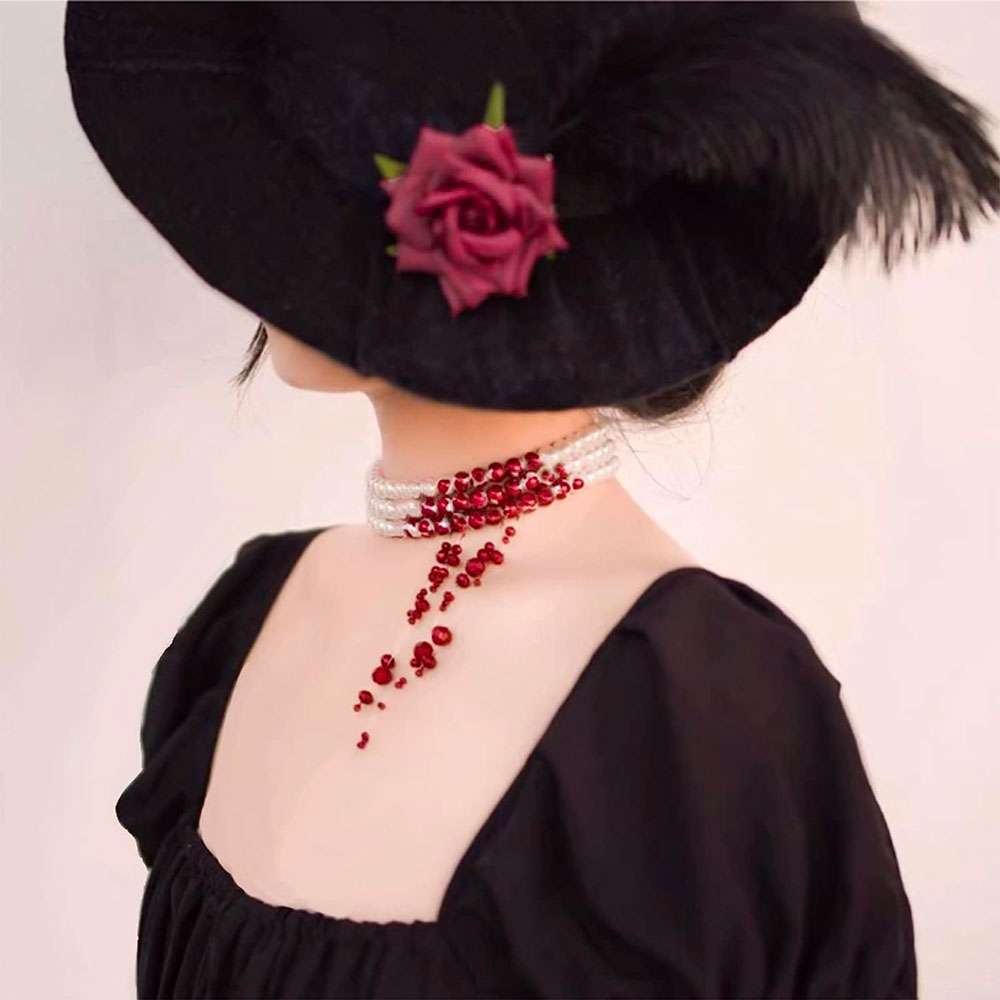 Dripping Crimson Pearl Choker Necklace