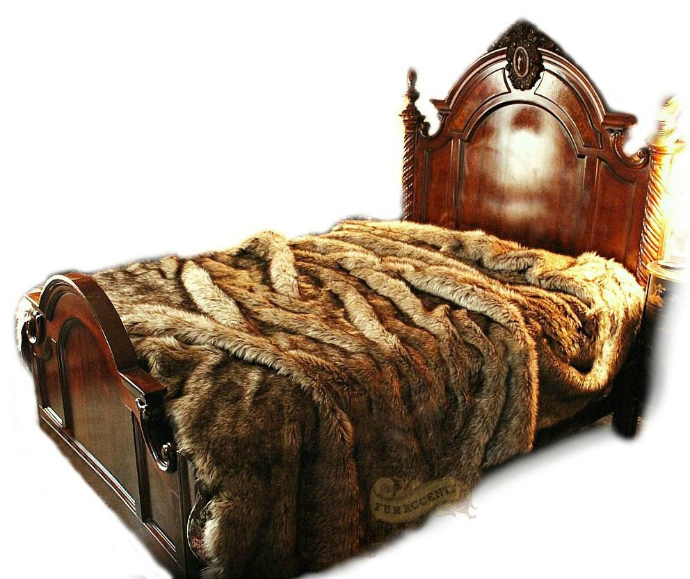 Fur Accents Faux Wolf Fur Blanket