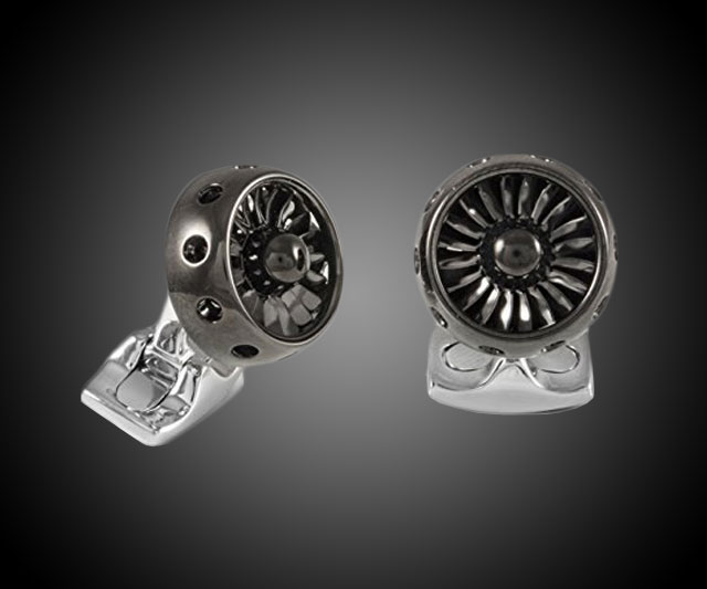 Jet Turbine Engine Cufflinks Sleek Black Rhodium Design